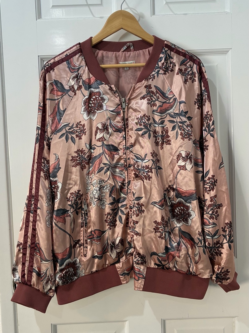 Charlotte Russe Floral Satin Bomber Jacket in Dusty Rose and Burgundy